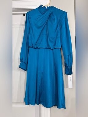 London Times Teal Blue Long-Sleeve Satin Dress